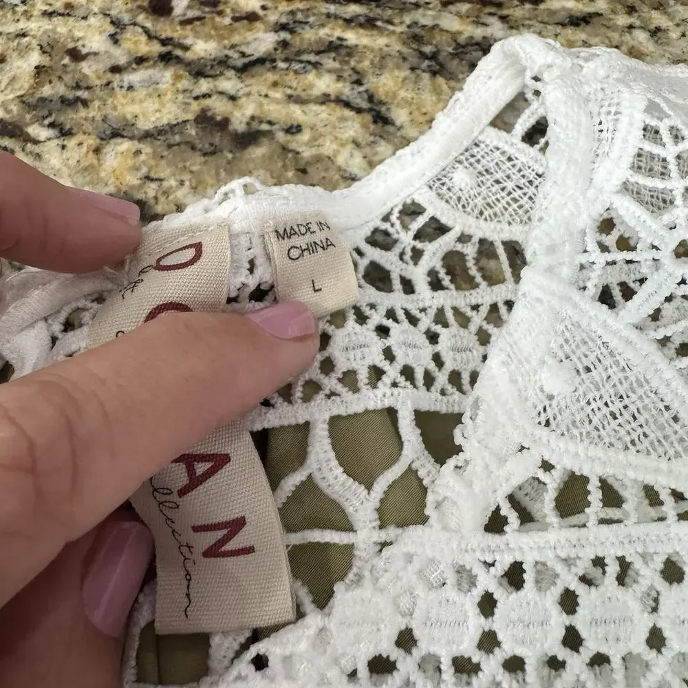 Dolan Anthropologie Puff-Sleeve Bow Back Ivory Lace Pullover Lined Top Sz Large